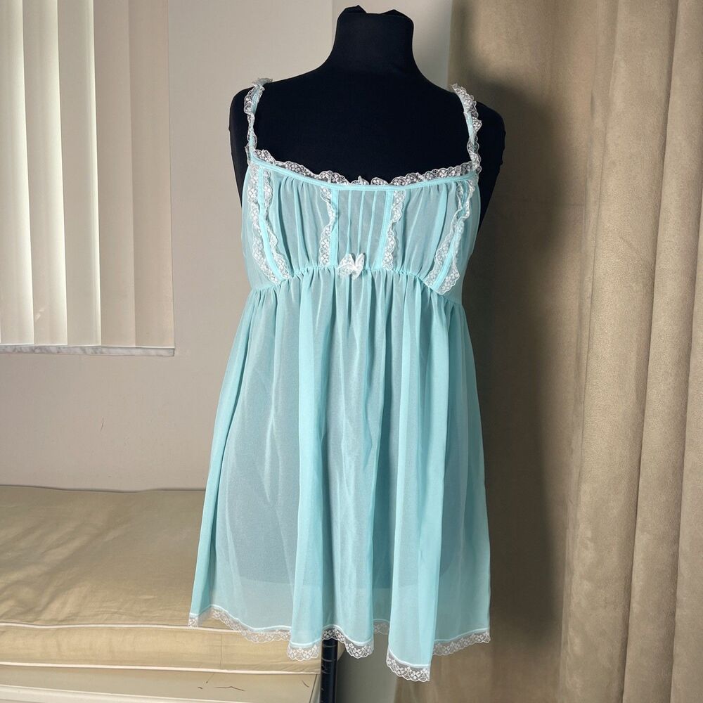 Victoria's Secret Y2K Vintage Sheer Aqua Lace Trim Babydoll Chemise L